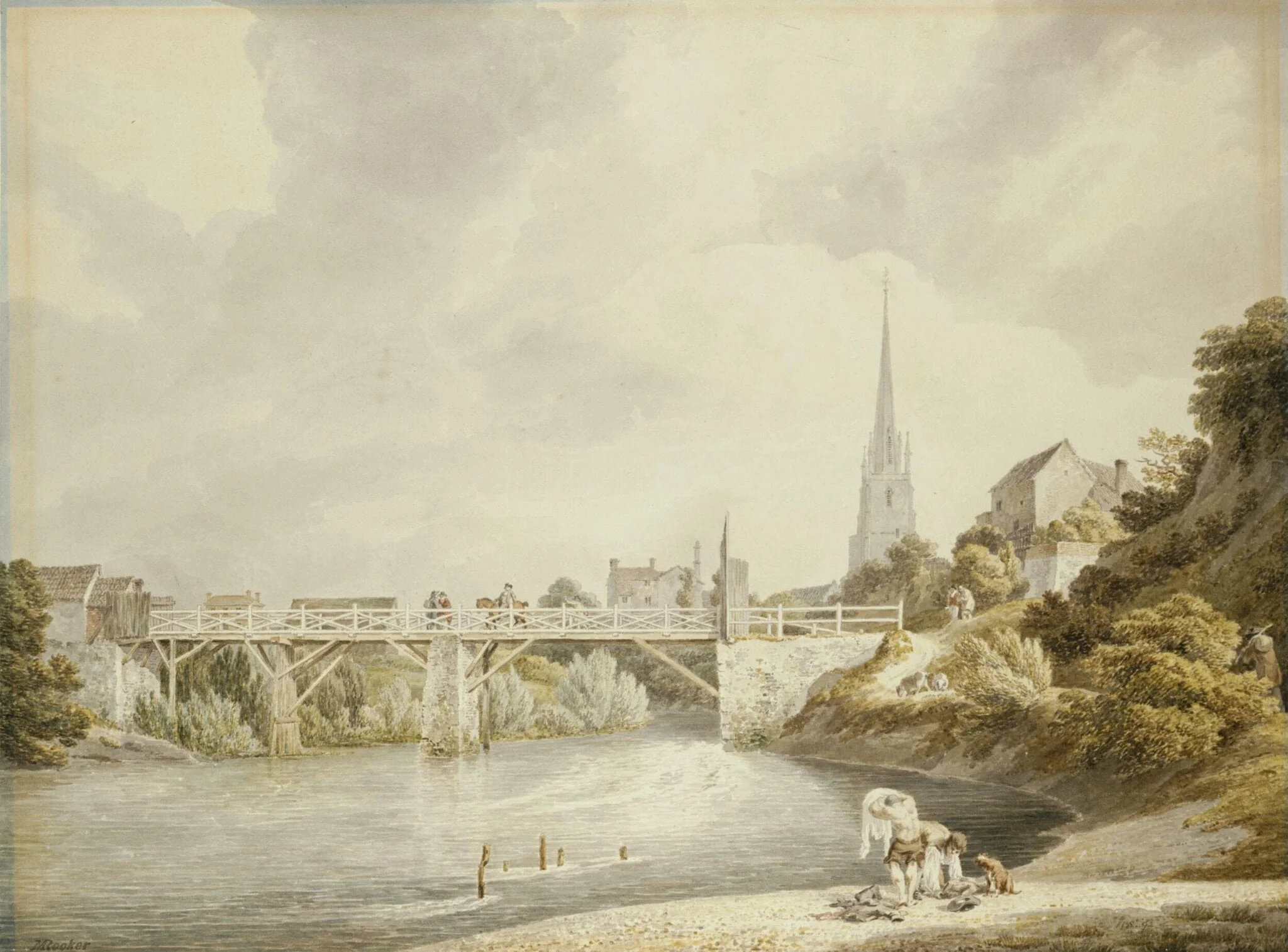 Bridge at Monmouth, with St. Mary's Church in the background, by Michael 'Angelo' Rooker, watercolor, 1760