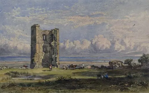 Coastal scene with tower and cows