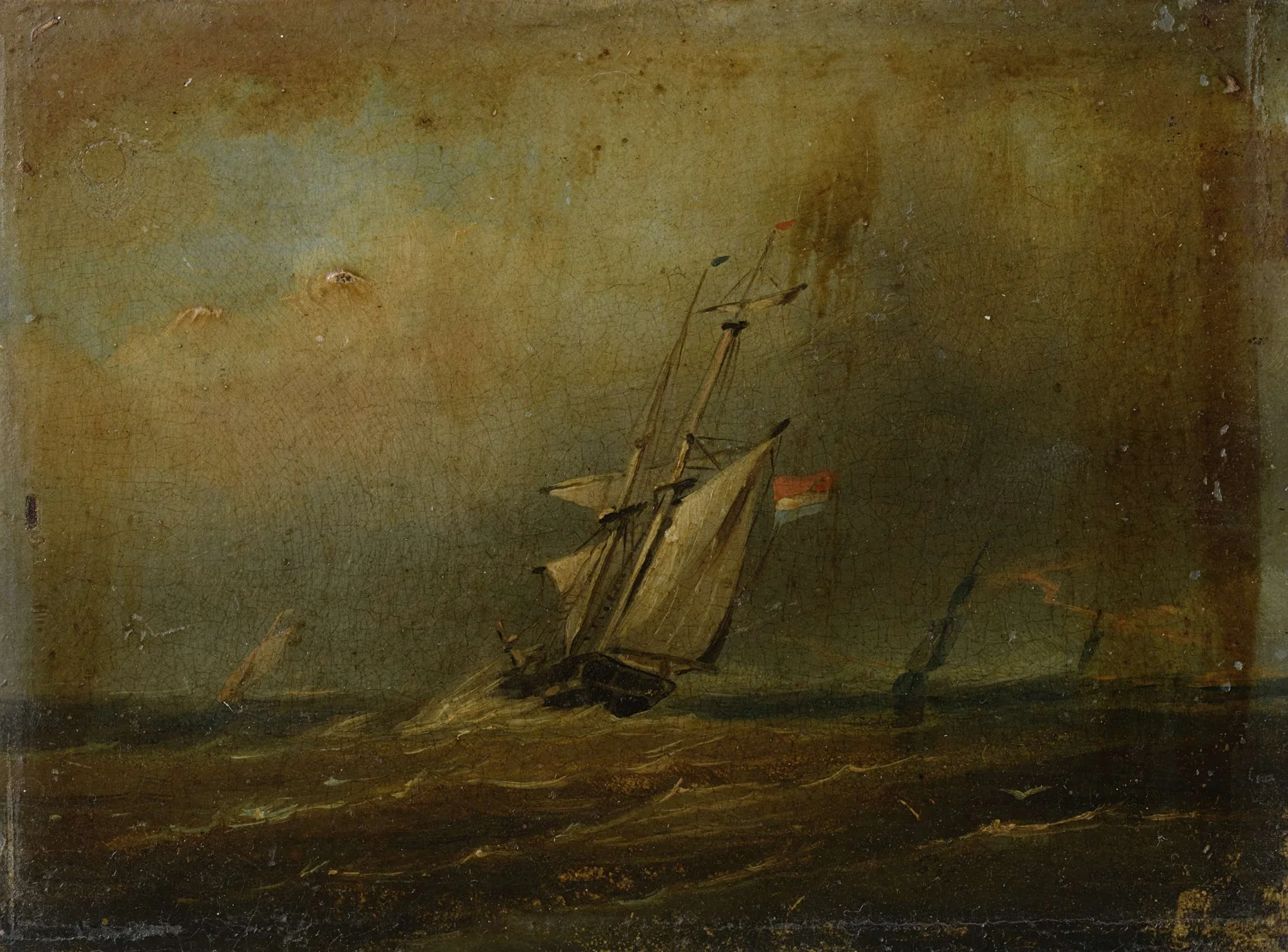 Woelige zee met zeilschepen, by Unknown, oil, 1849