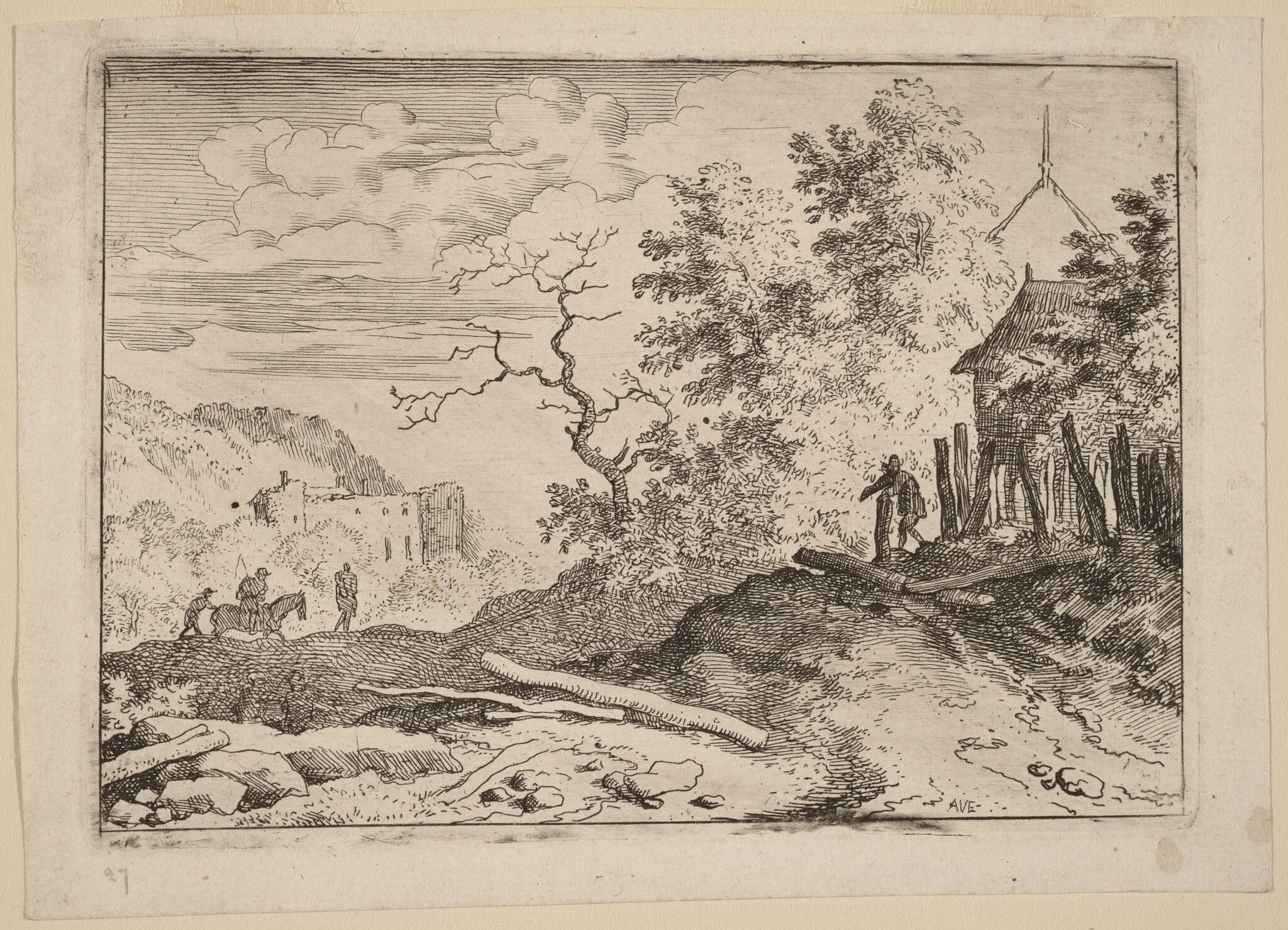 Hut with the Remains of a Hedge, by Allart van Everdingen, ink, 1650