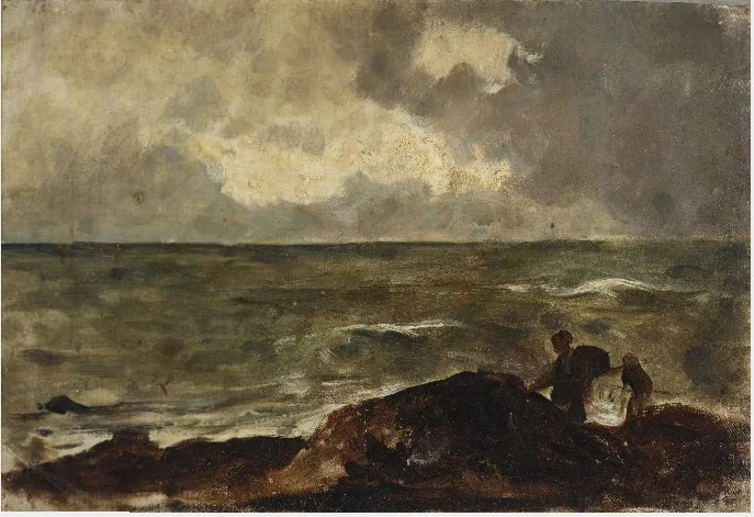 A Rocky Coast, with Kelp Gatherers, by Nathaniel Hone the Younger, oil, 1881