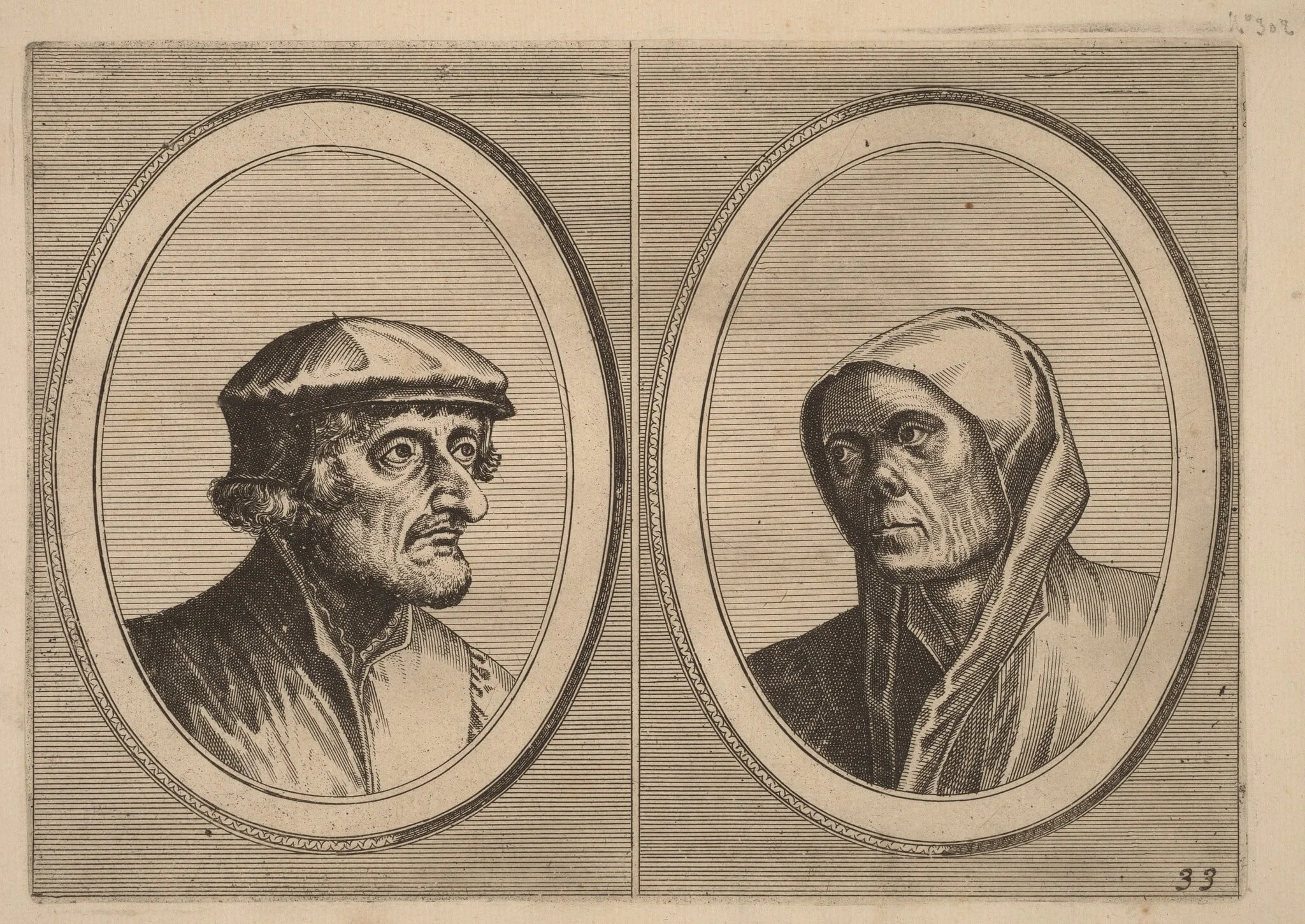 "Voorsichtighe Krijn" and "Broentje Spaer-pots", by Johannes van Doetechum the Elder, ink, 1564