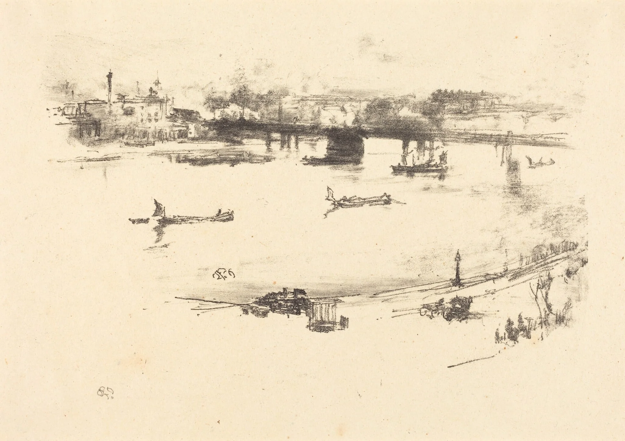 Charing Cross Railway Bridge, by James McNeill Whistler, ink, 1896