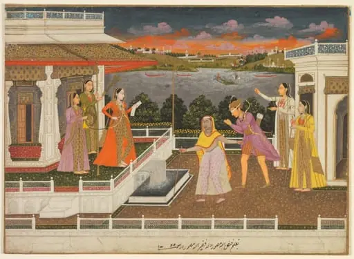 A blindfolded suitor is brought before a princess (recto)