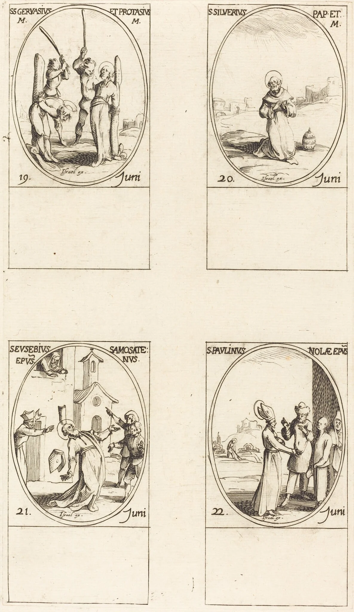 Sts. Gervase & Protase; St. Silverius; St. Eusebius of Samosata; St. Paulinus of Nola, by Jacques Callot, ink, 1634