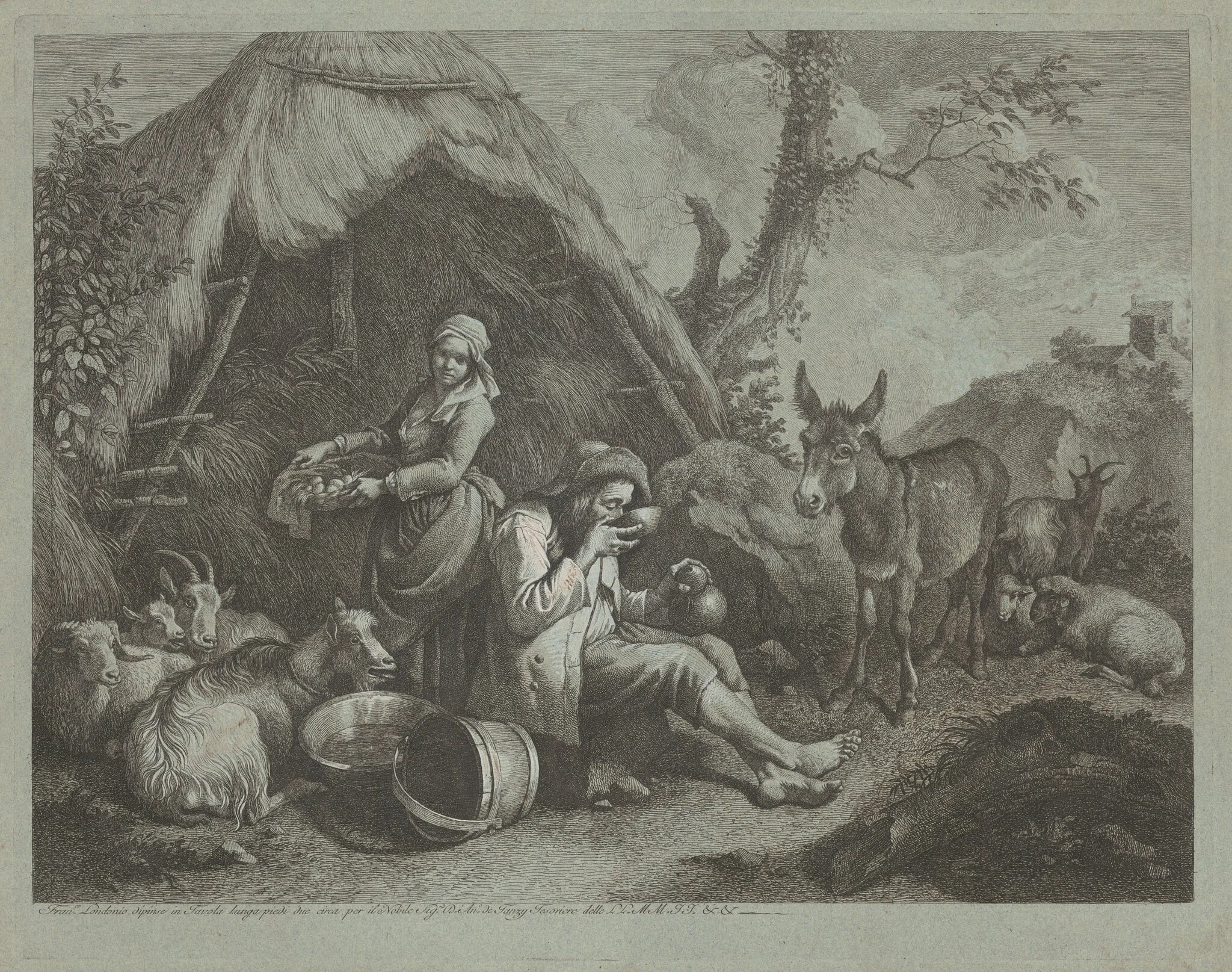 Seated Old Man and Woman with a Basket of Eggs, by Francesco Londonio, ink, 1770