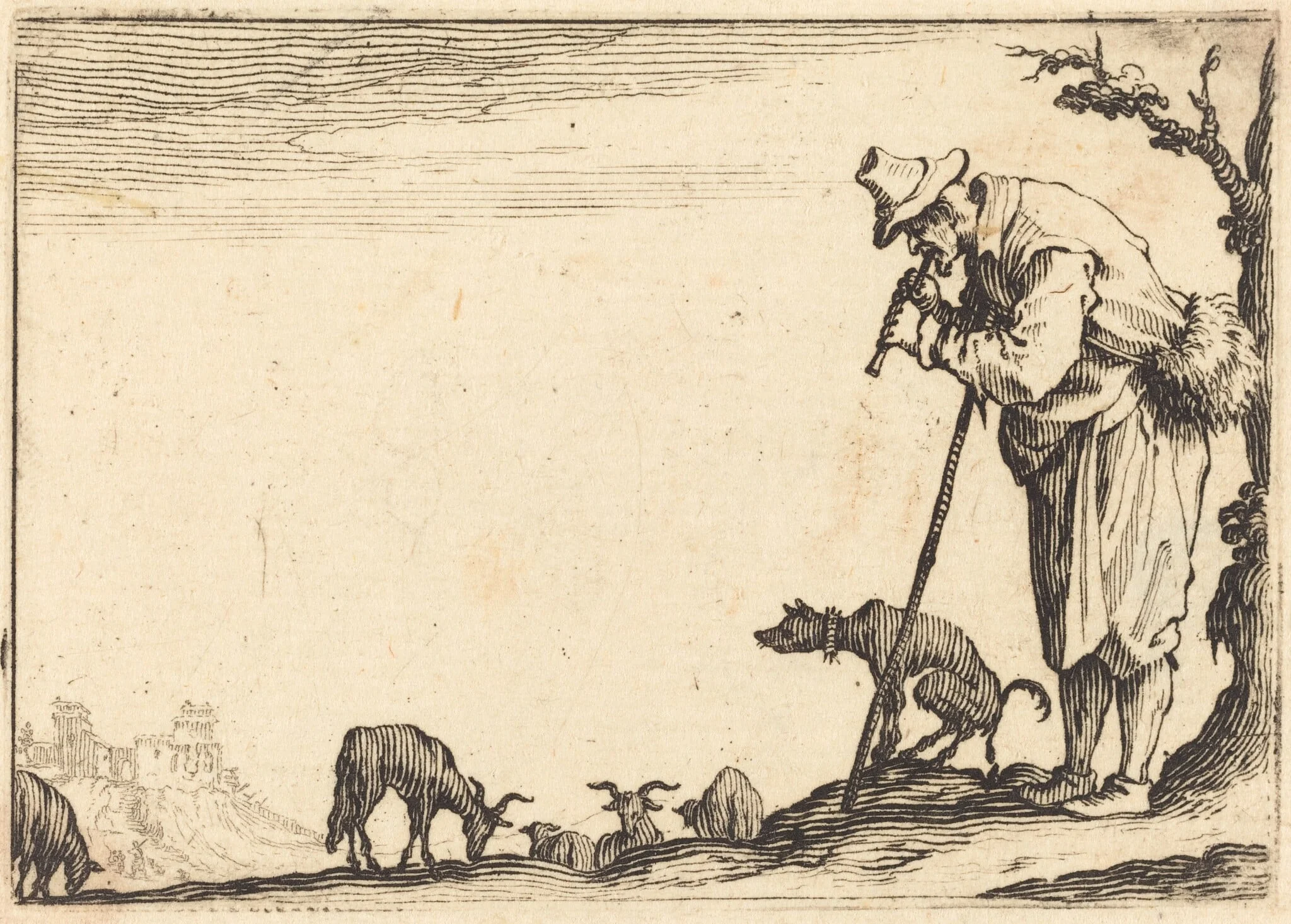 Shepherd Playing Flute, by Jacques Callot, ink, 1617