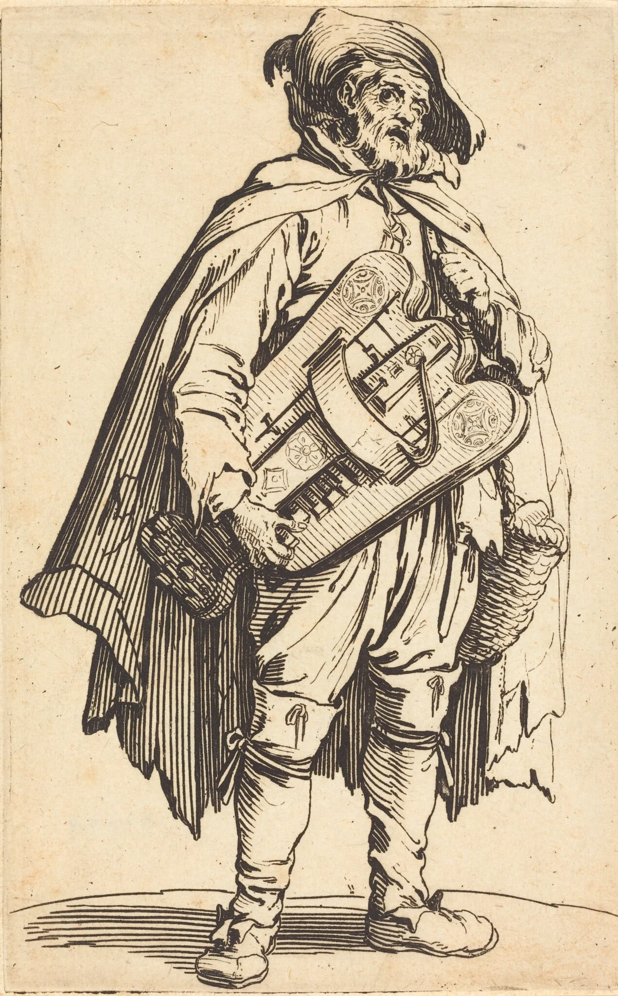 The Hurdy-Gurdy Player, by Jacques Callot, ink, 1622