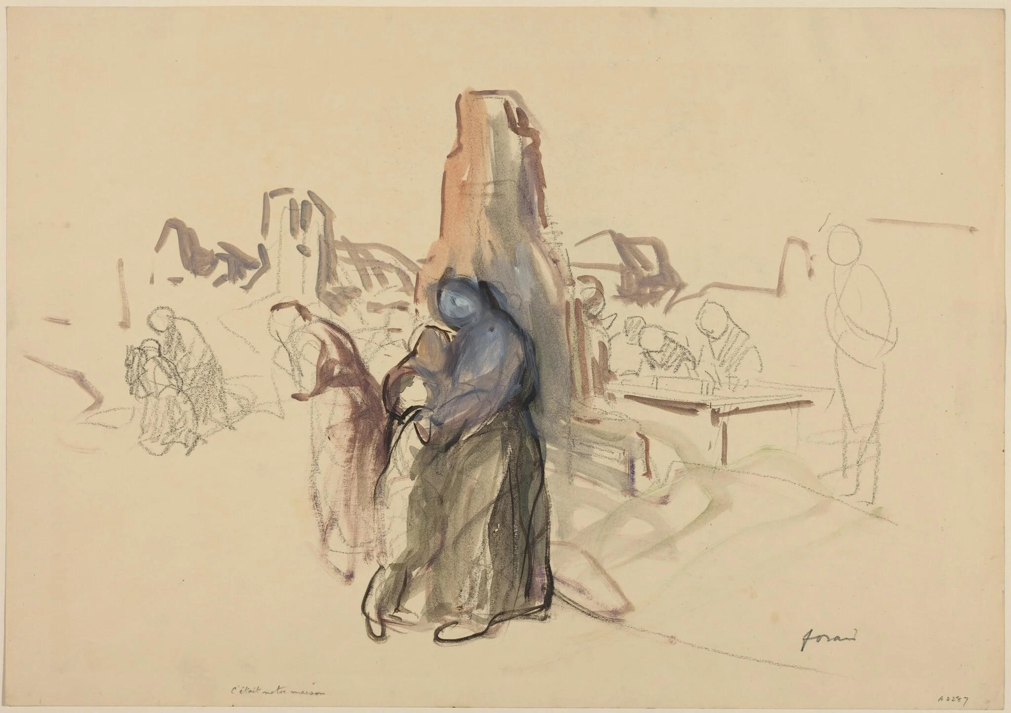a) C'etait notre maison (recto); b) Refugees in a Landscape (verso)
