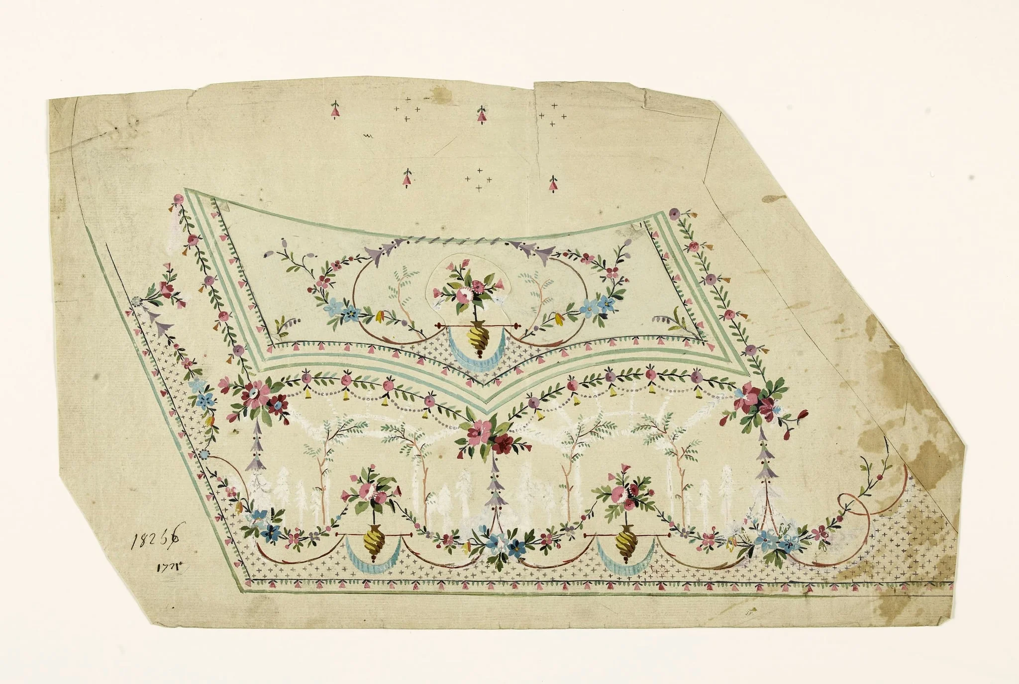 Composition de guirlandes de fleurs, de clochettes et de perles, motifs de culots torsadés et suspendus, projets de broderies de gilet, XVIIIème siècle