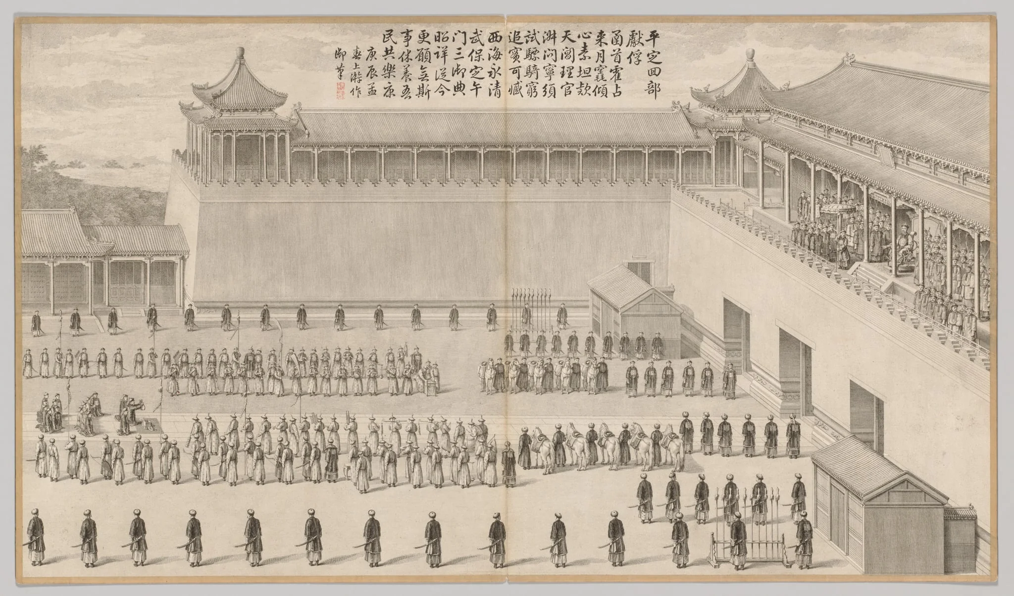 The Presentation of Uigur Captives: from Battle Scenes of the Quelling of Rebellions in the Western Regions, with Imperial Poems, by Jean Denis Attiret, 1770
