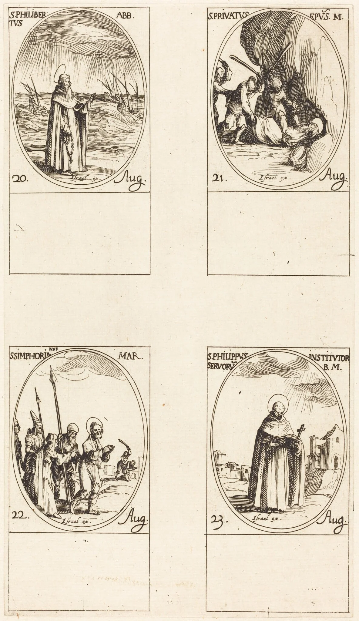 St. Philibert, Abbot; St. Privatus; St. Symphorian; St. Philip, by Jacques Callot, ink, 1634