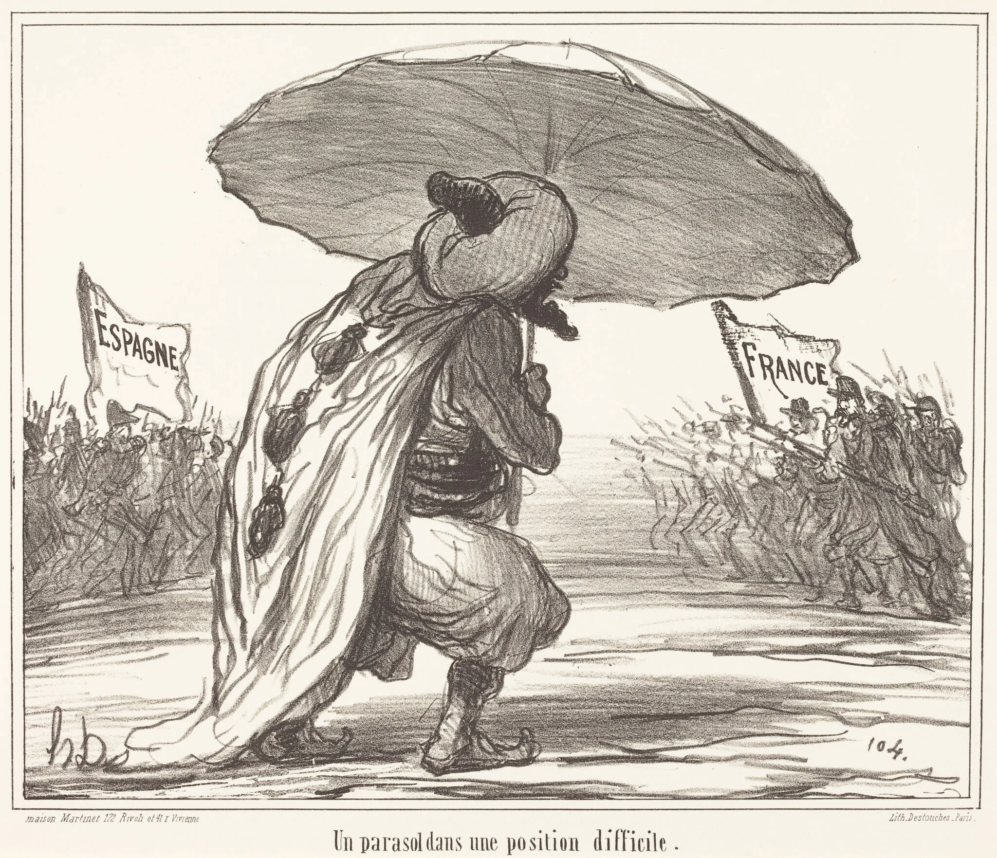 Un Parasol dans une position difficile, by Honoré Daumier, ink, 1859