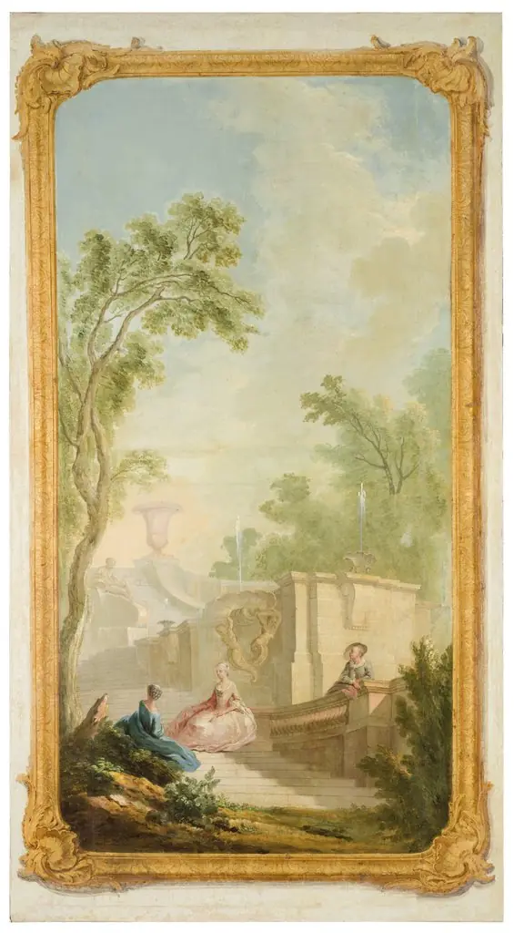 Park Landscape with Figures beside a Fountain. Decorative Painting for a Private Residence.