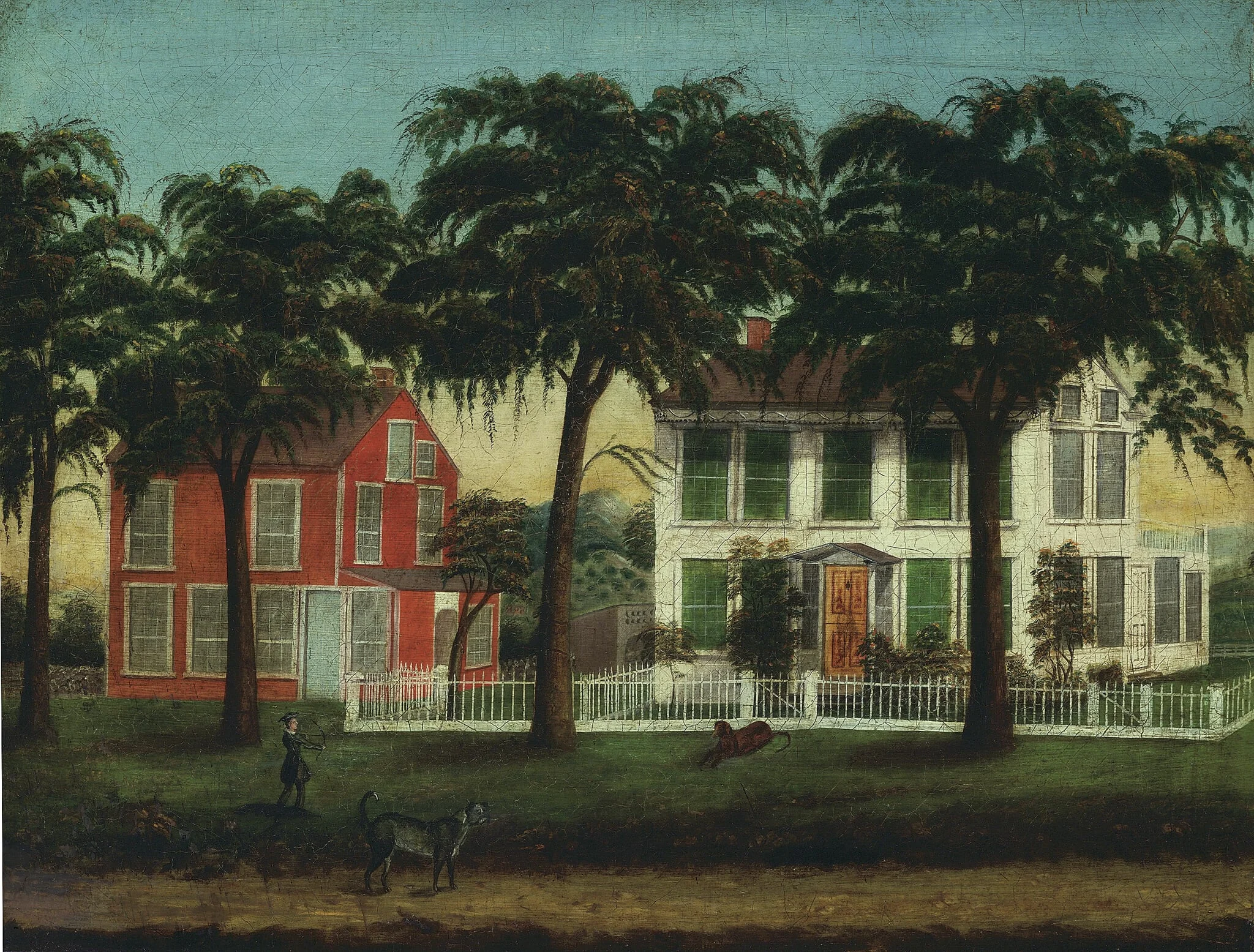 Houses on the Fox River, Illinois, by Artist unknown, oil, 1886