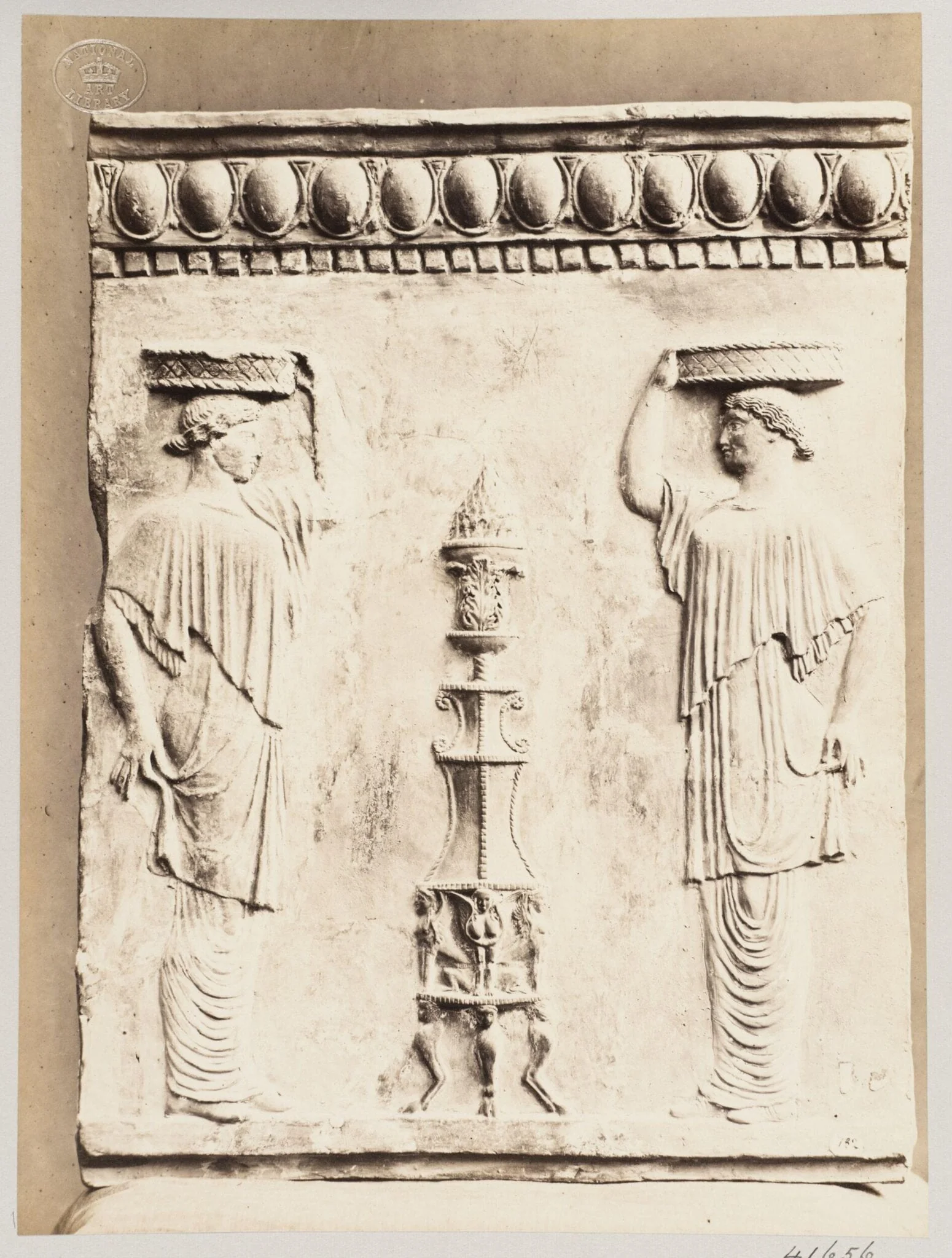 Bas-relief of a portion of a frieze with a thymiaterion and two temple slave females carrying baskets in terra cotta, by Louise Laffon, photographic, 1864