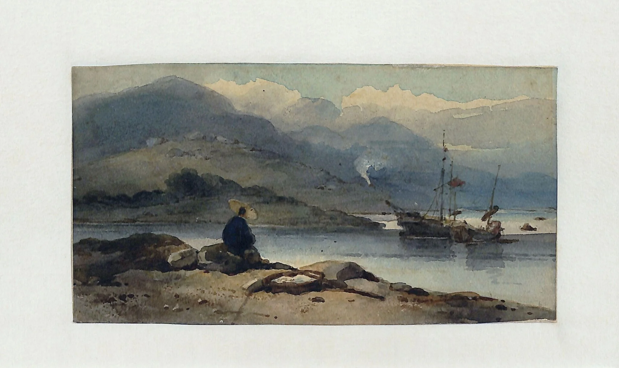 A Chinese River, with a figure on the bank, by George Chinnery, watercolor, 1825