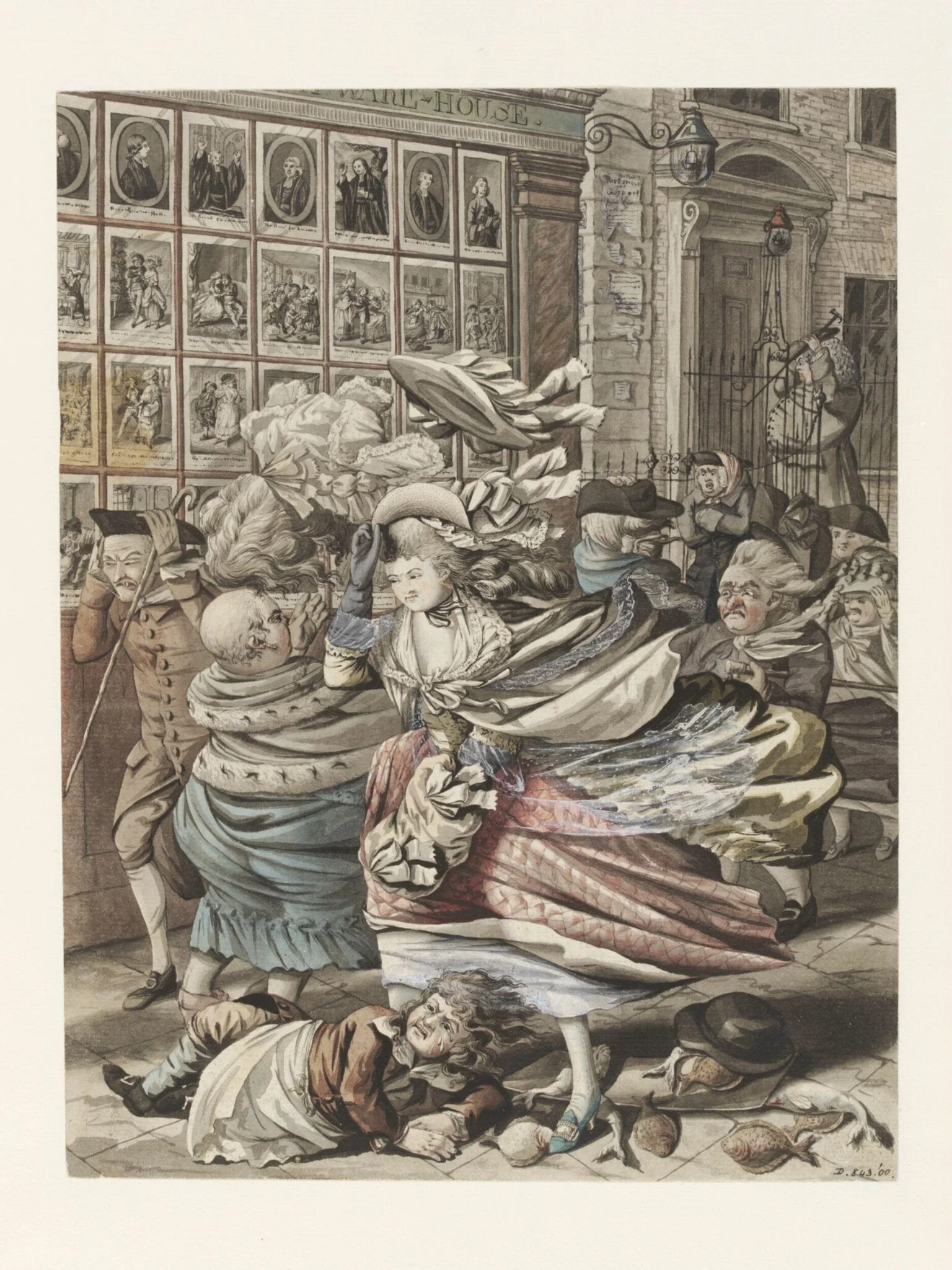 A Windy Day - scene outside the shop of Bowles, the printseller, in St. Paul's Churchyard, by Robert Dighton, watercolor, 1751