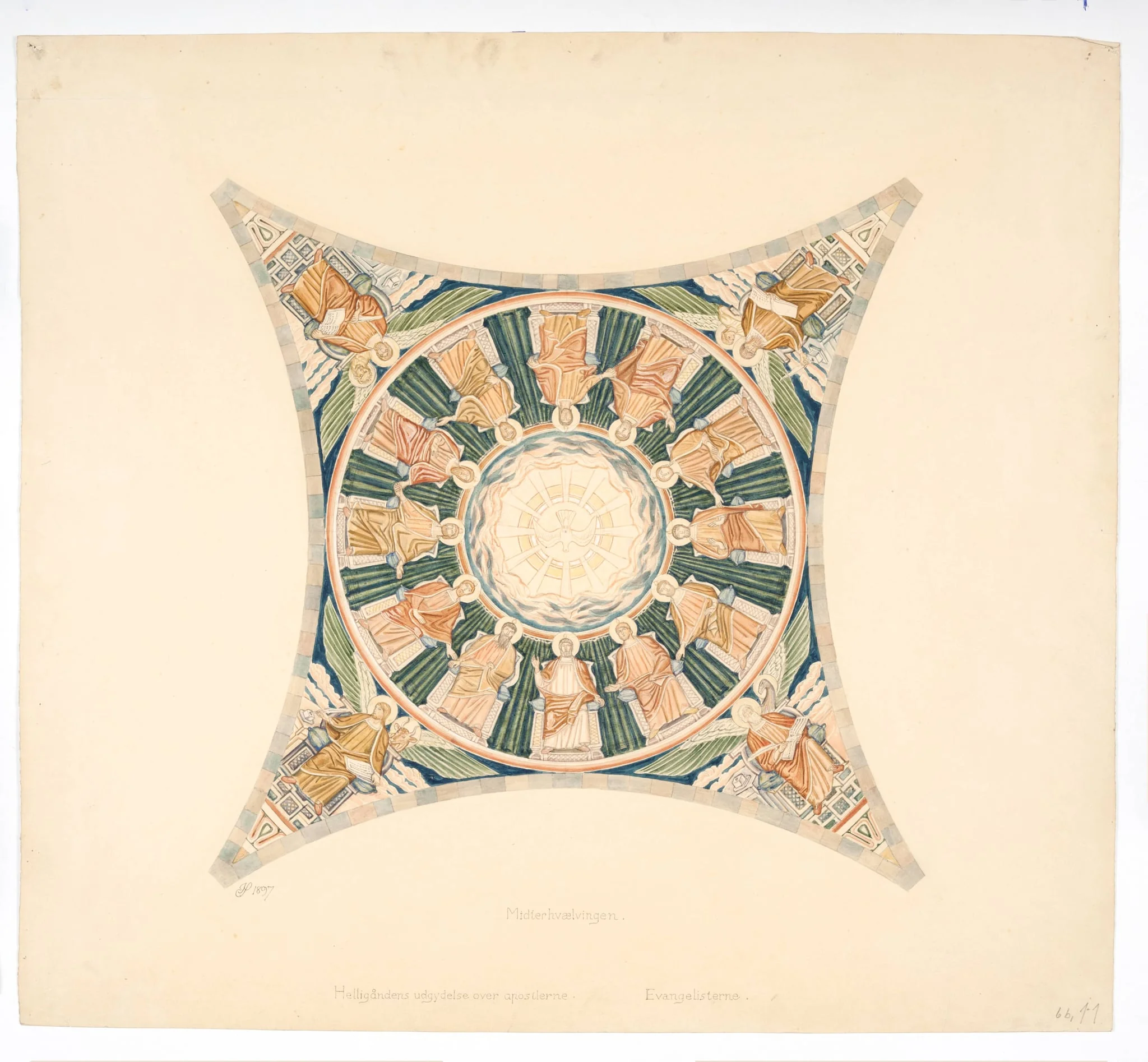 Udkast til freskerne i Viborg Domkirke. Midterhvælvingen, by Unknown, unspecified, 1897
