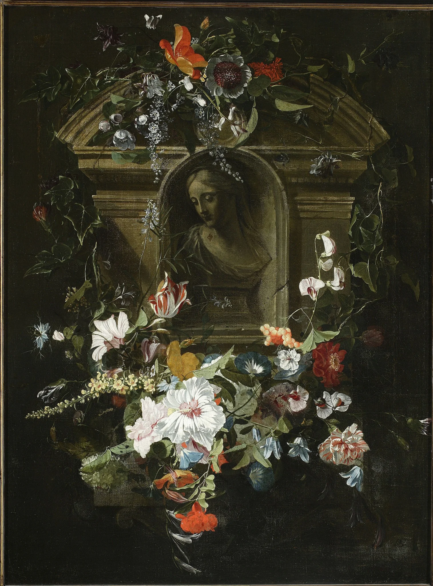 Bust of a woman in a circle of flowers