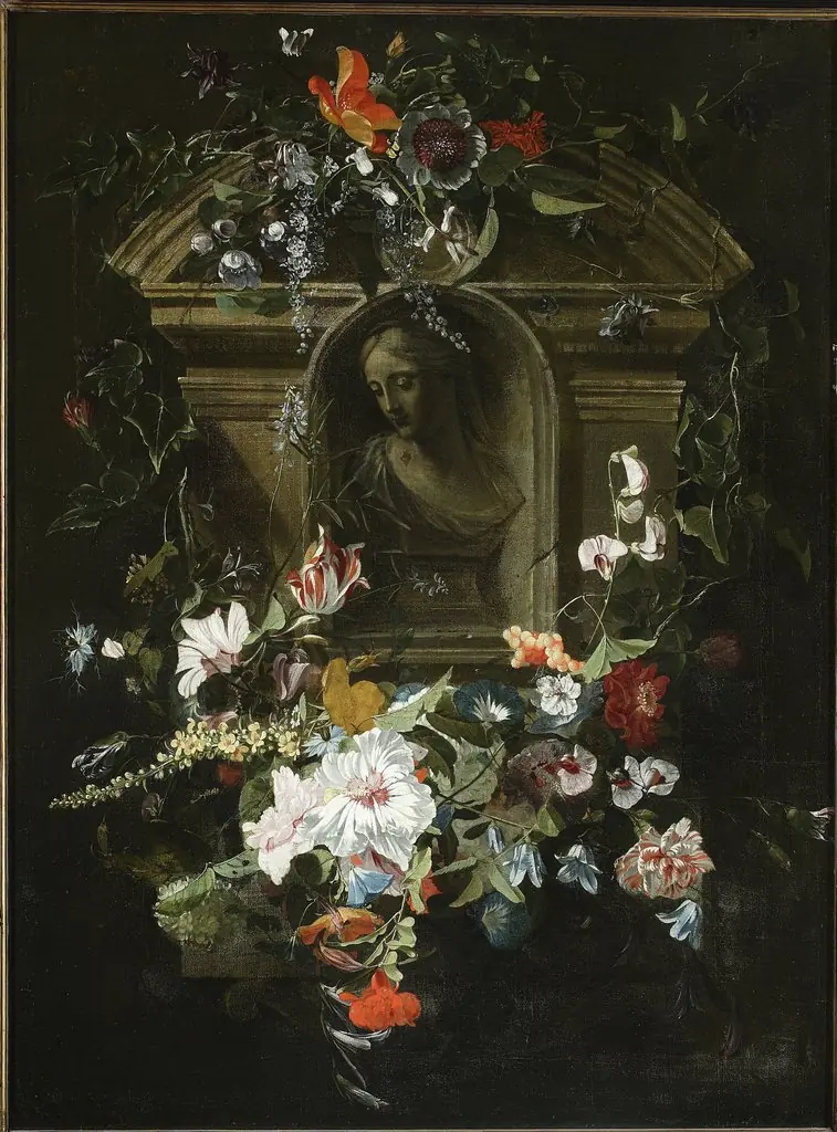 Bust of a woman in a circle of flowers