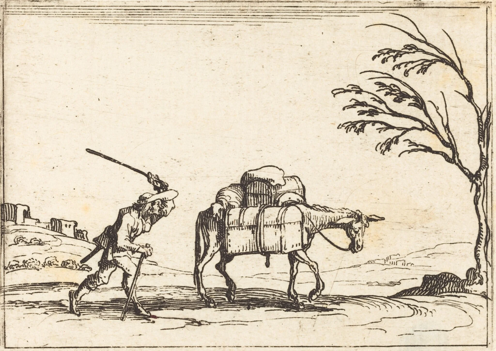 Peasant Whipping his Donkey, by Jacques Callot, ink, 1628