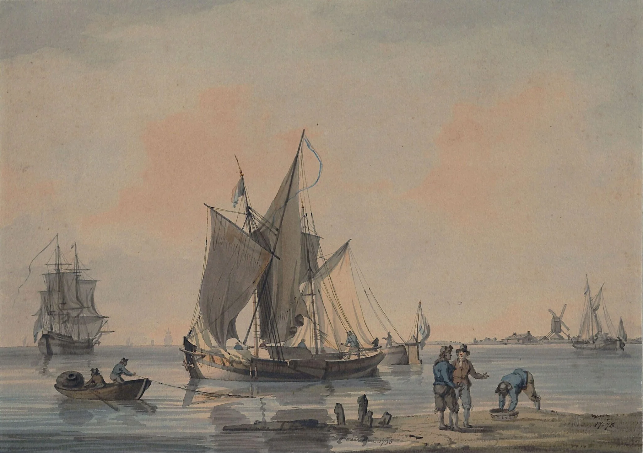 Coast scene with shipping and figures