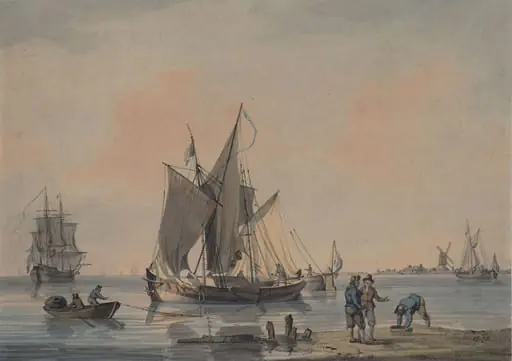 Coast scene with shipping and figures