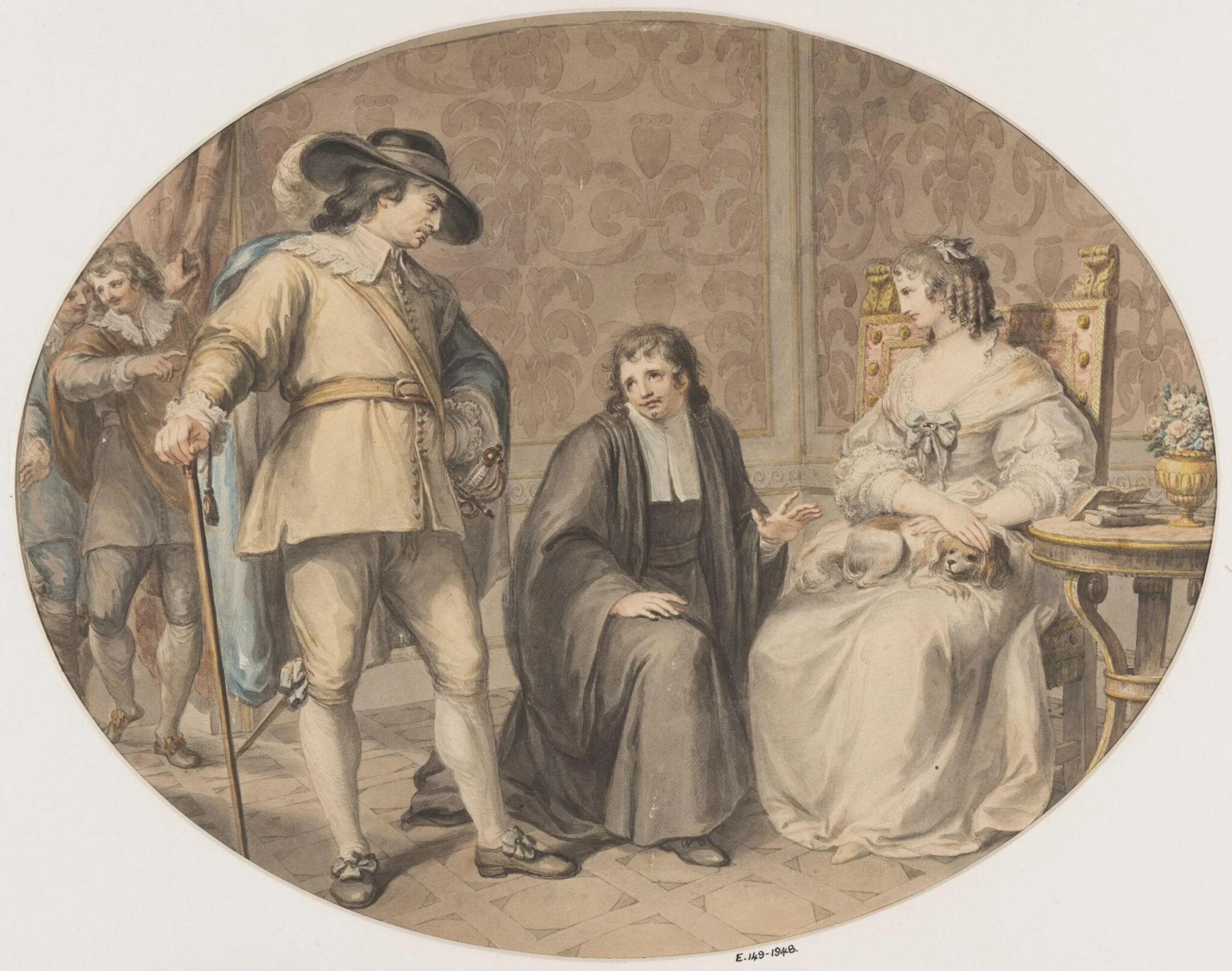 Oliver Cromwell discovering his chaplain, Jeremiah White, on his knees before his youngest daughter, Frances., by Giovanni Battista Cipriani, 1786
