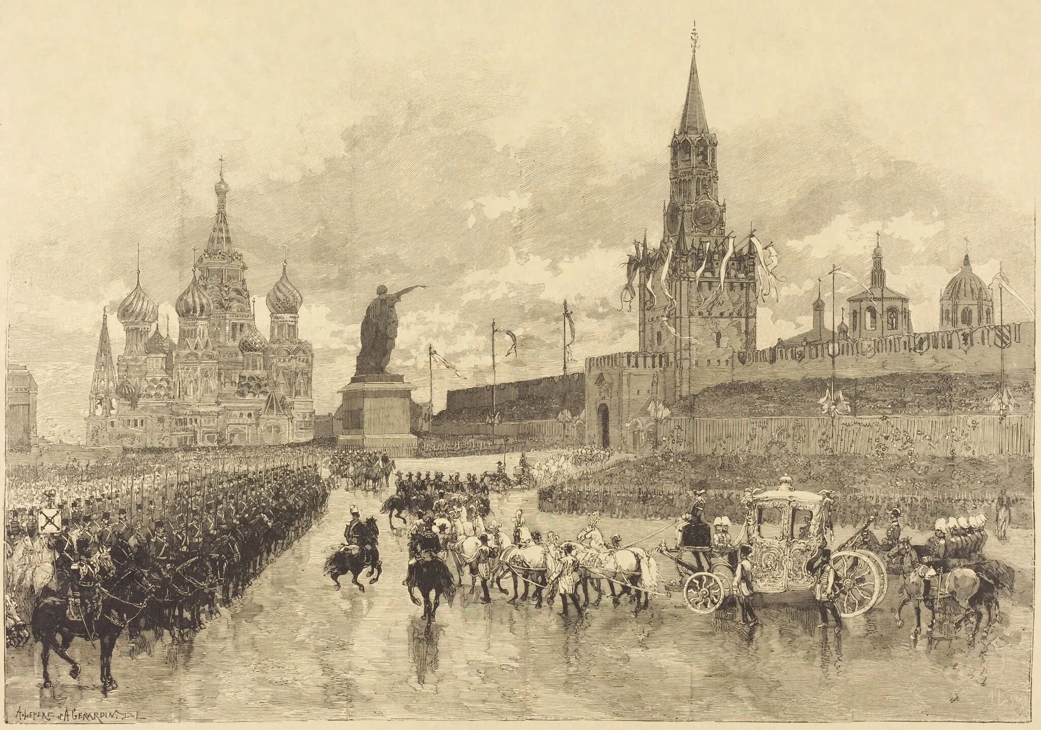 Le Couronnement du Tzar.  Le Cortège imperiale traverse la Place Royale, by Auguste Gérardin, ink, 1883