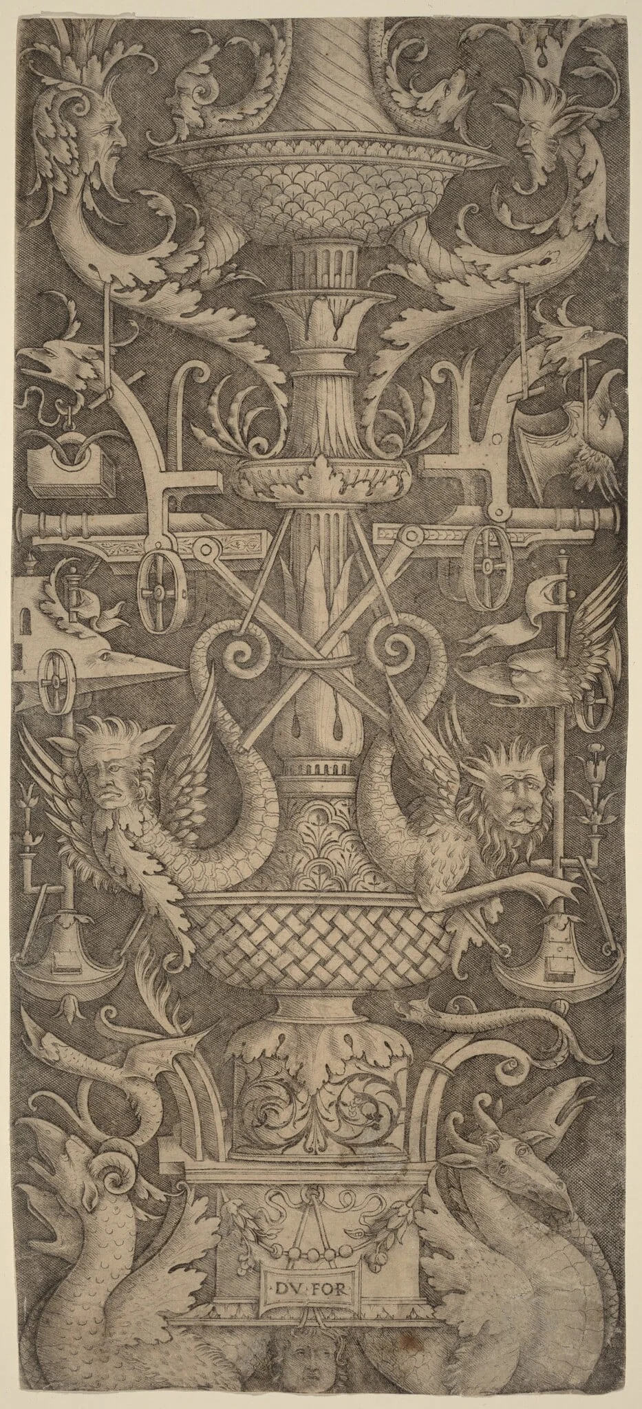Ornament Panel with Dragons, Masks, and Instruments of War, by Andrea Zoan, ink, 1505