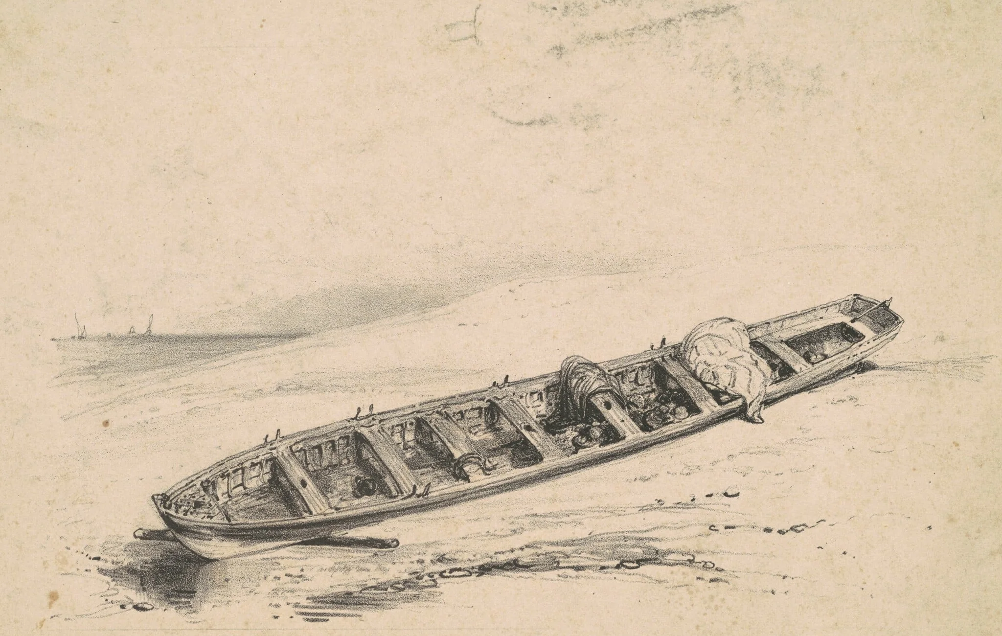 A Beached Longboat, by American 19th Century, ink, 1801