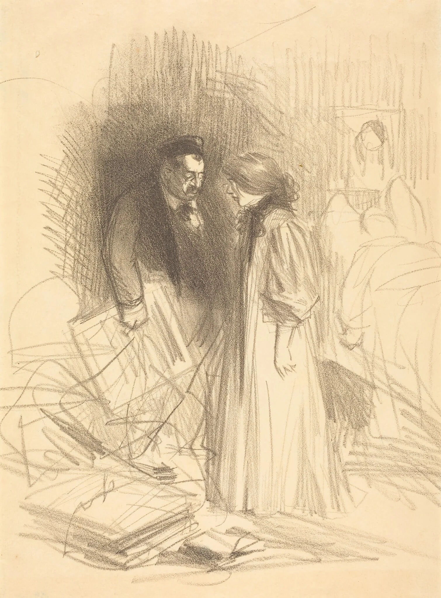 "J'ose pas encore aller le décrocher...ça lui fera trop de peine." ("I don't dare take them down...it would hurt him too much."), by Jean-Louis Forain, ink, 1892