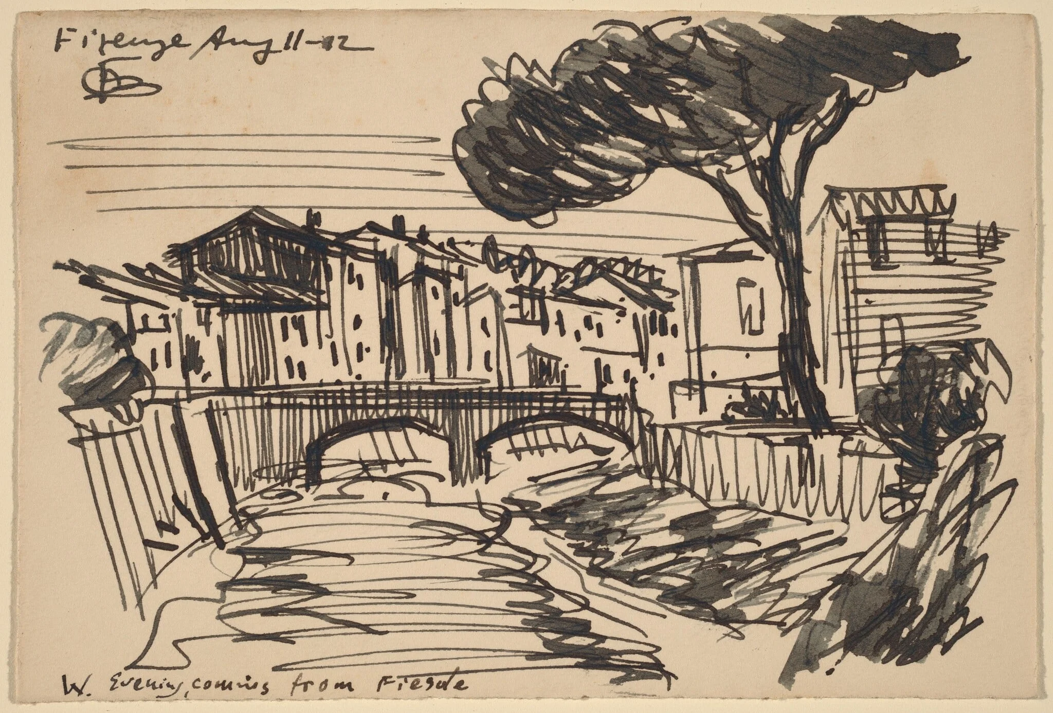 The Arno in the Evening, Florence, by Oscar F. Bluemner, ink, 1912