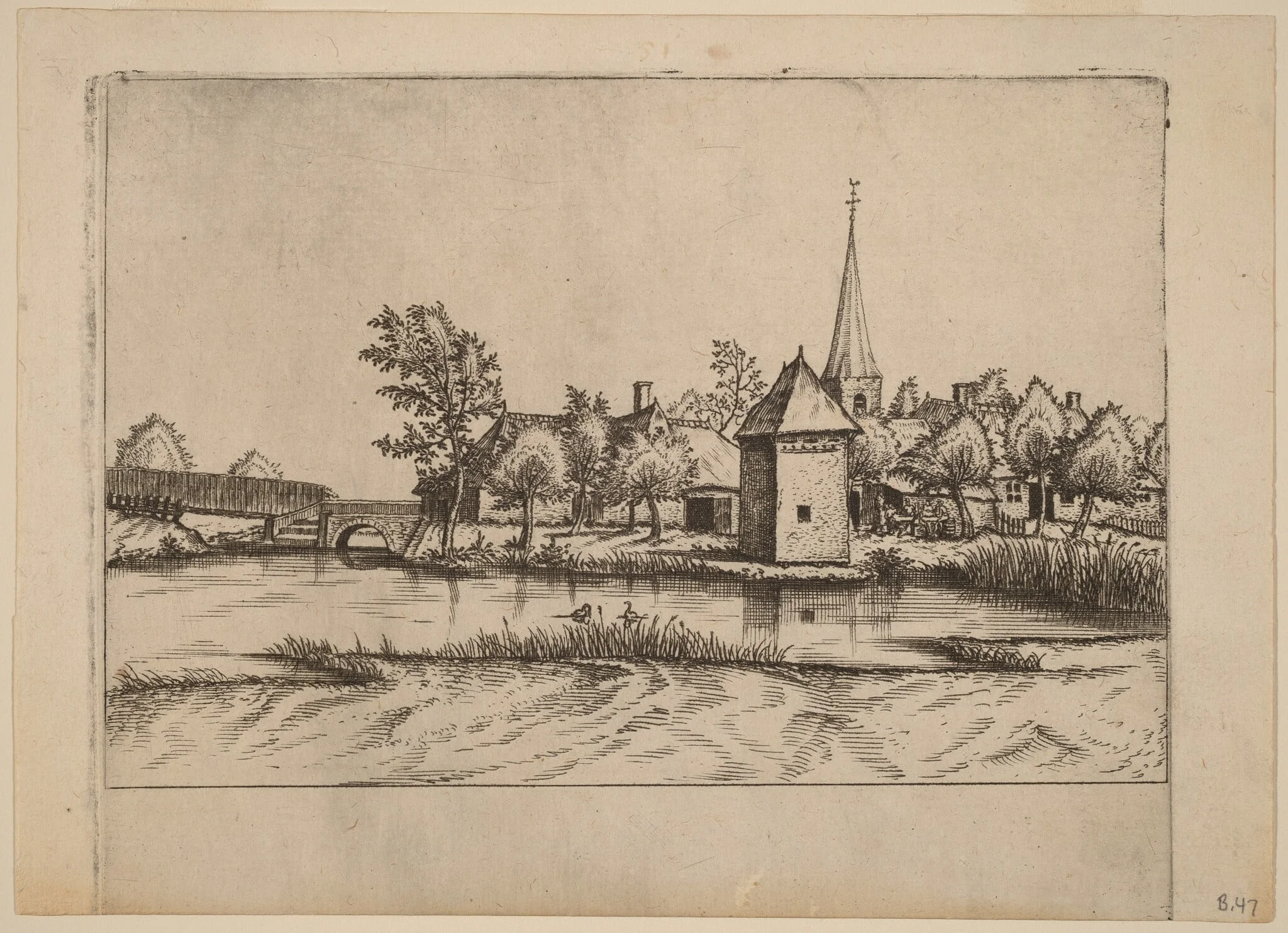 Country Village with Church and Bridge