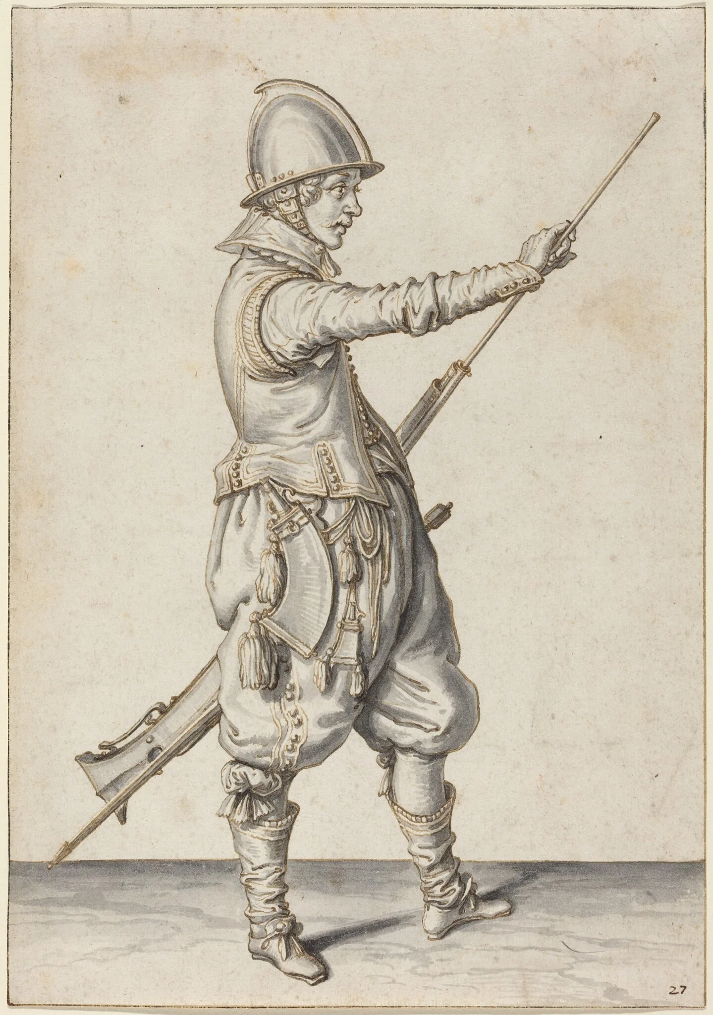 Elegantly Dressed Soldier Tamping His Caliver, by Jacques de Gheyn II, ink, 1597