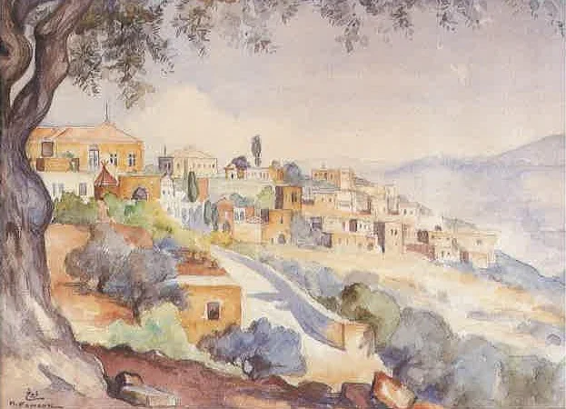 A View of Deir Al-Qamar from Baaqline, by Moustafa Farroukh, watercolor, 1936