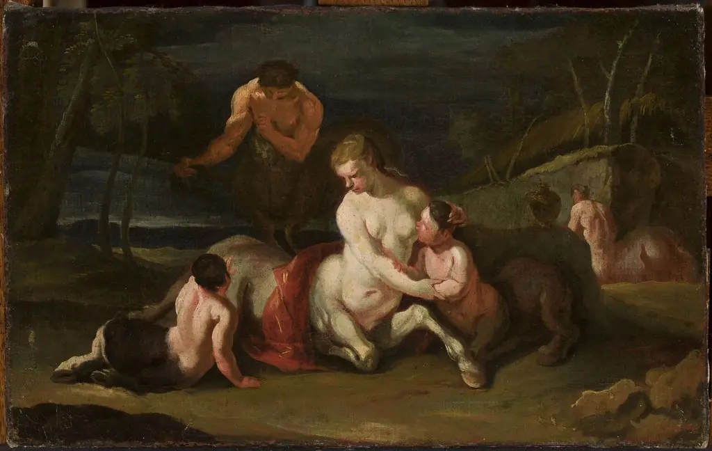 Portrait of centaur family against landscape