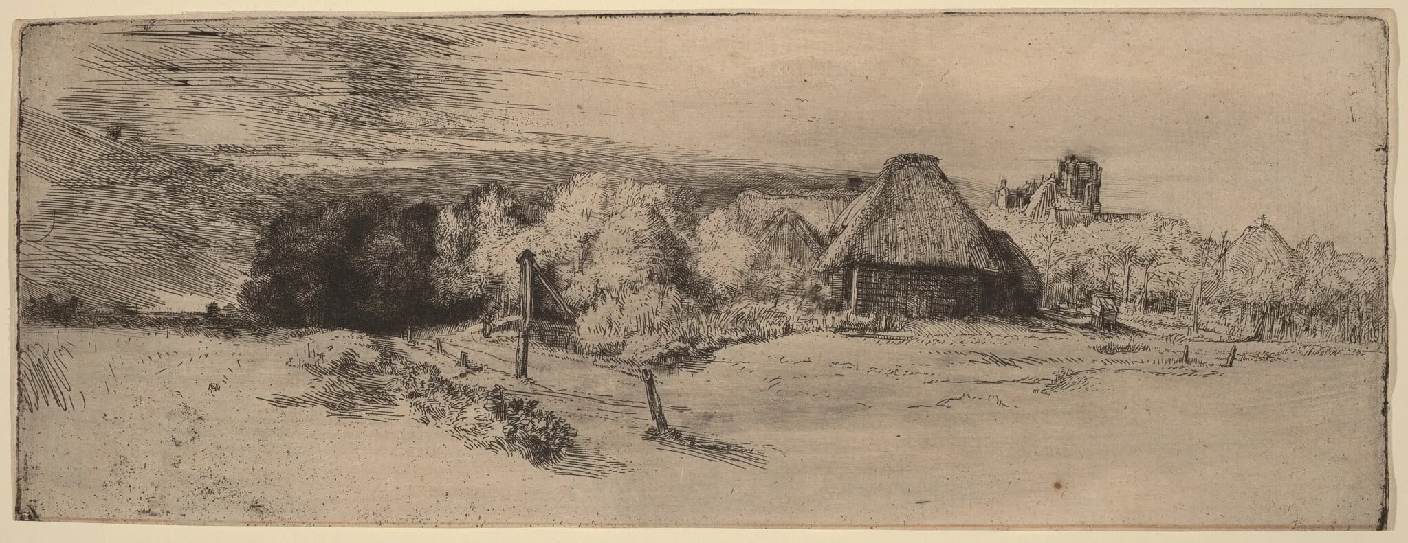 Landscape with Trees, Farm Buildings and a Tower, by Rembrandt, ink, 1651
