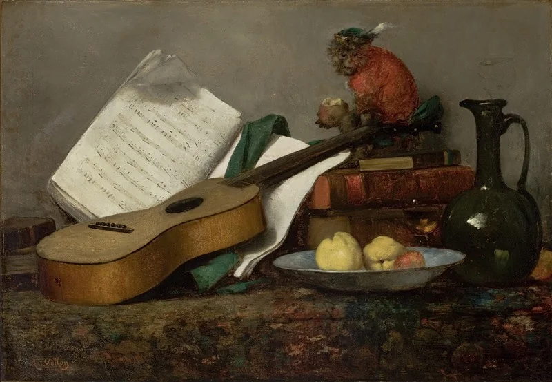 Still Life with a Monkey and a Guitar (Art and Gluttony), by Antoine Vollon, oil, 1864