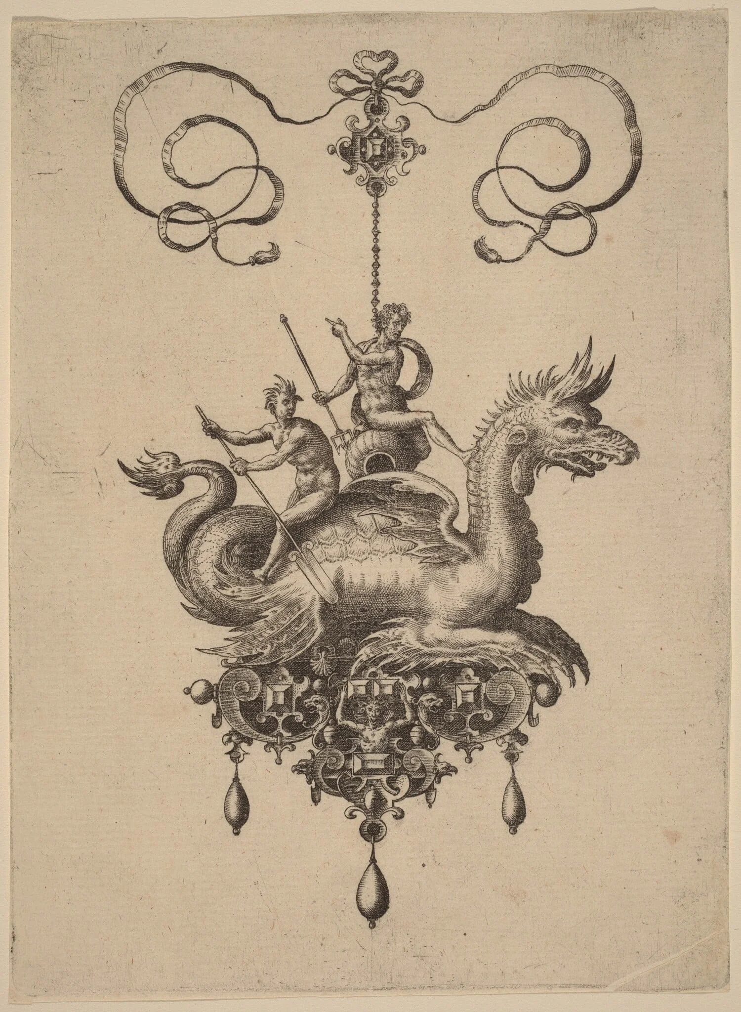 Design for a Pendant with a Sea-Monster Carrying Neptune on an Urn Flanked by a River-God with an Oar, by Adriaen Collaert, ink, 1582