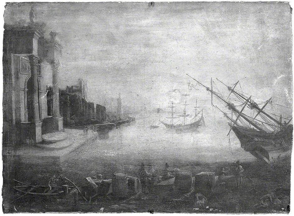 Seaport with Buildings, by Claude Lorrain, oil, 1650