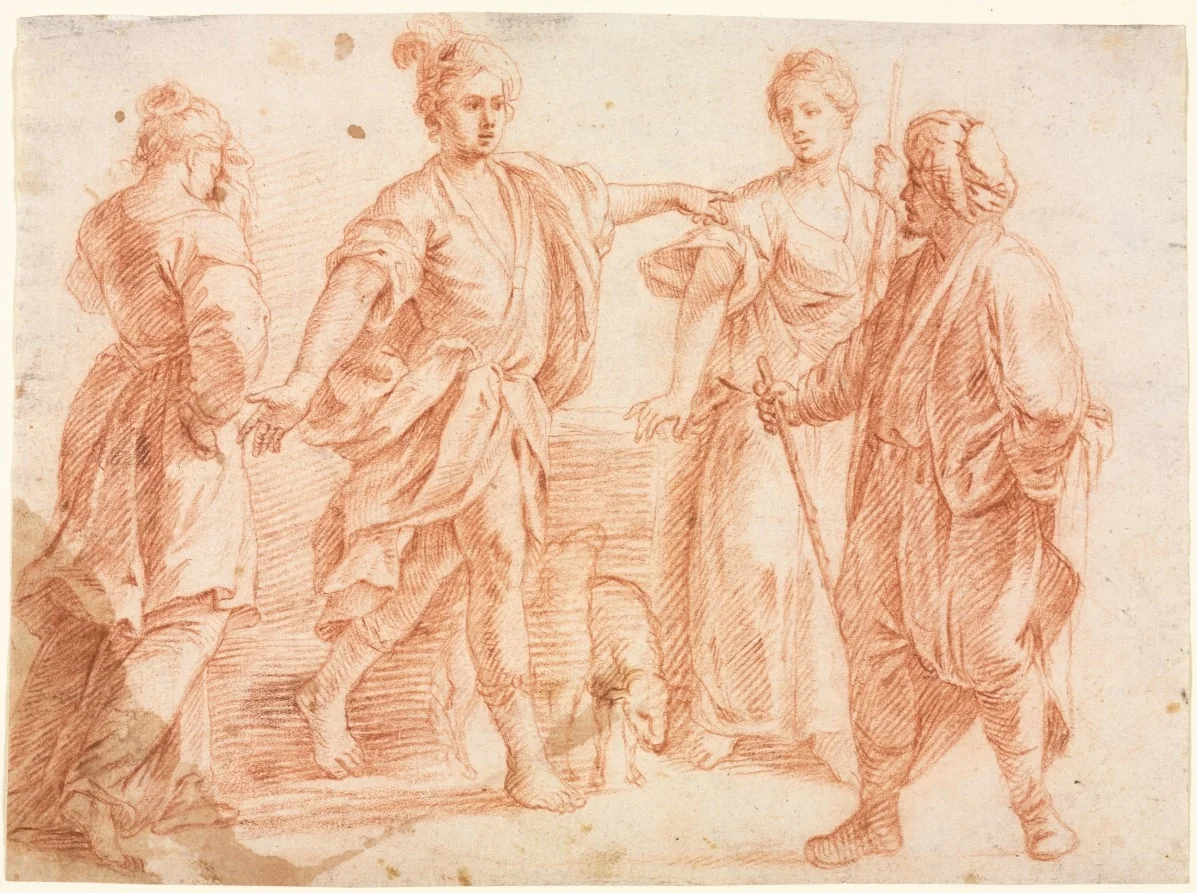 Jacob and Laban with Rachel and Leah (recto), by Unknown, 1604