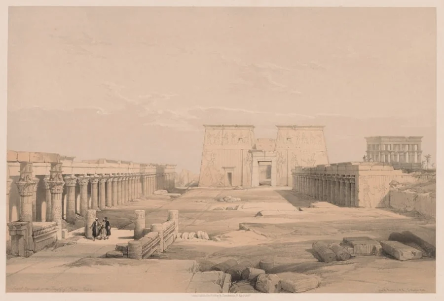 Egypt and Nubia:  Volume I - No. 42, Grand Approach to the Temple of Philae, Nubia, by Louis Haghe, 1838