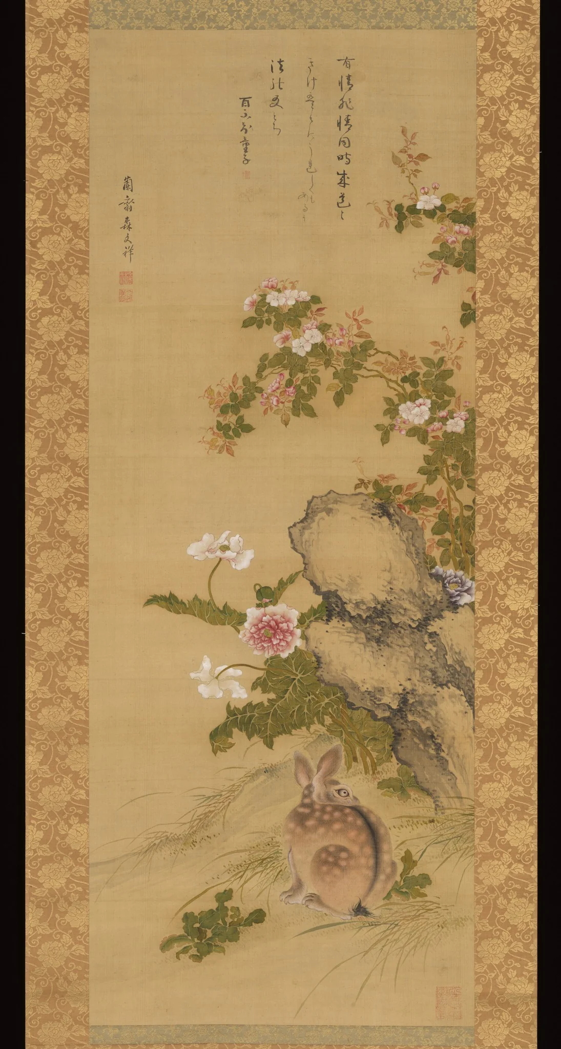 Rabbit and Roses, by Mori Ransai, unspecified, 1766