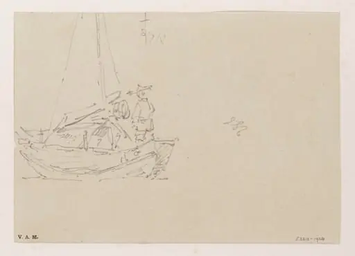 A sketch of a Chinese figure standing in a Tanka boat