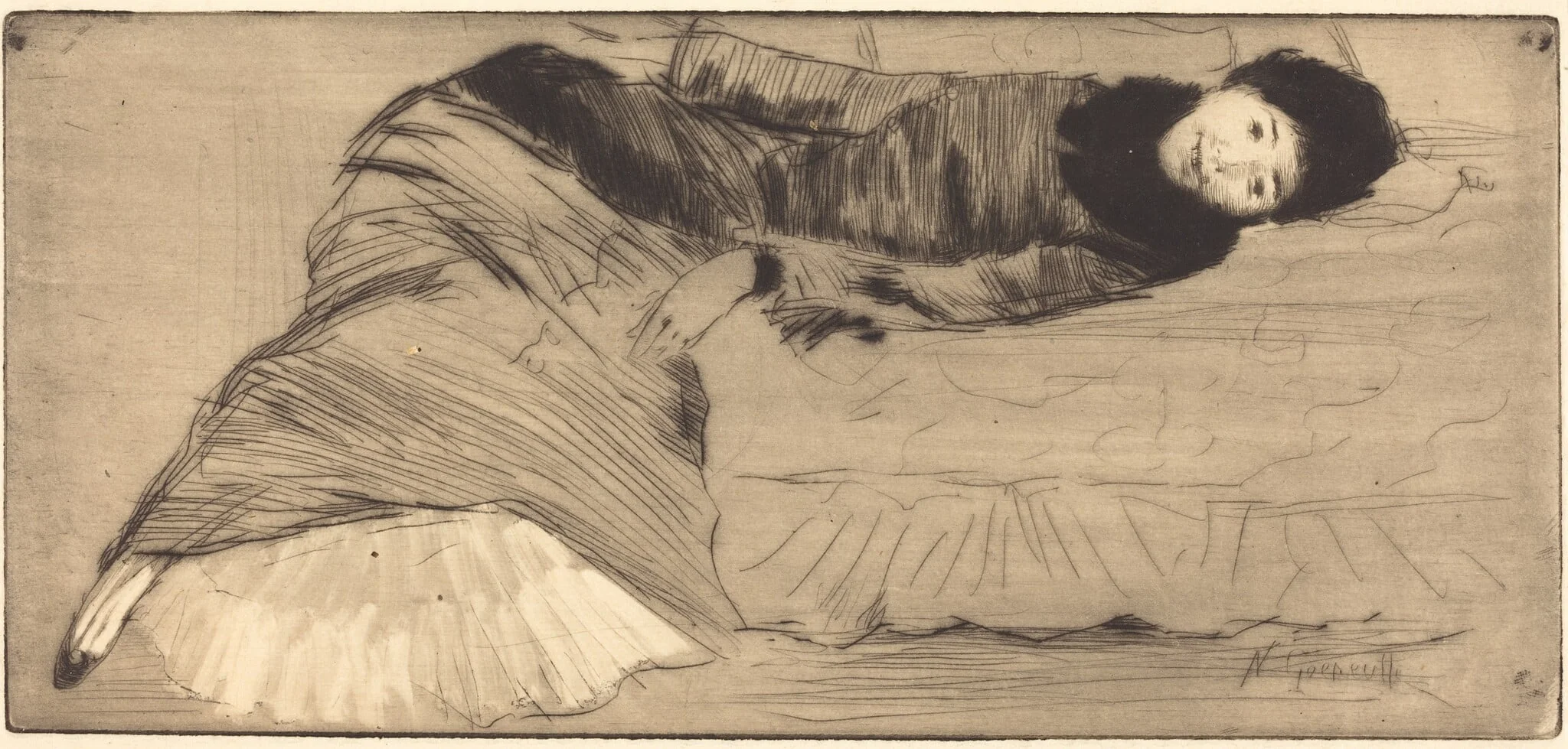 Smiling Woman Reclining on a Sofa (Femme souriant etendue sur un canape), by Norbert Goeneutte, ink, 1874