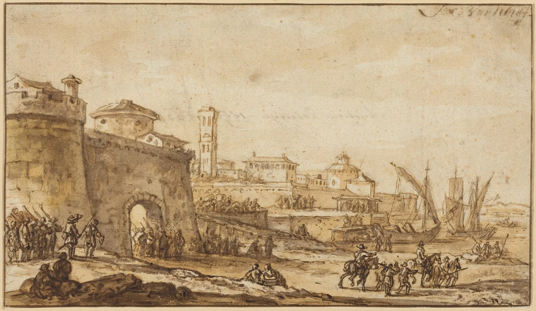 A Coastal Scene with a Fortified Town, by Jacob van der Ulft, ink, 1670