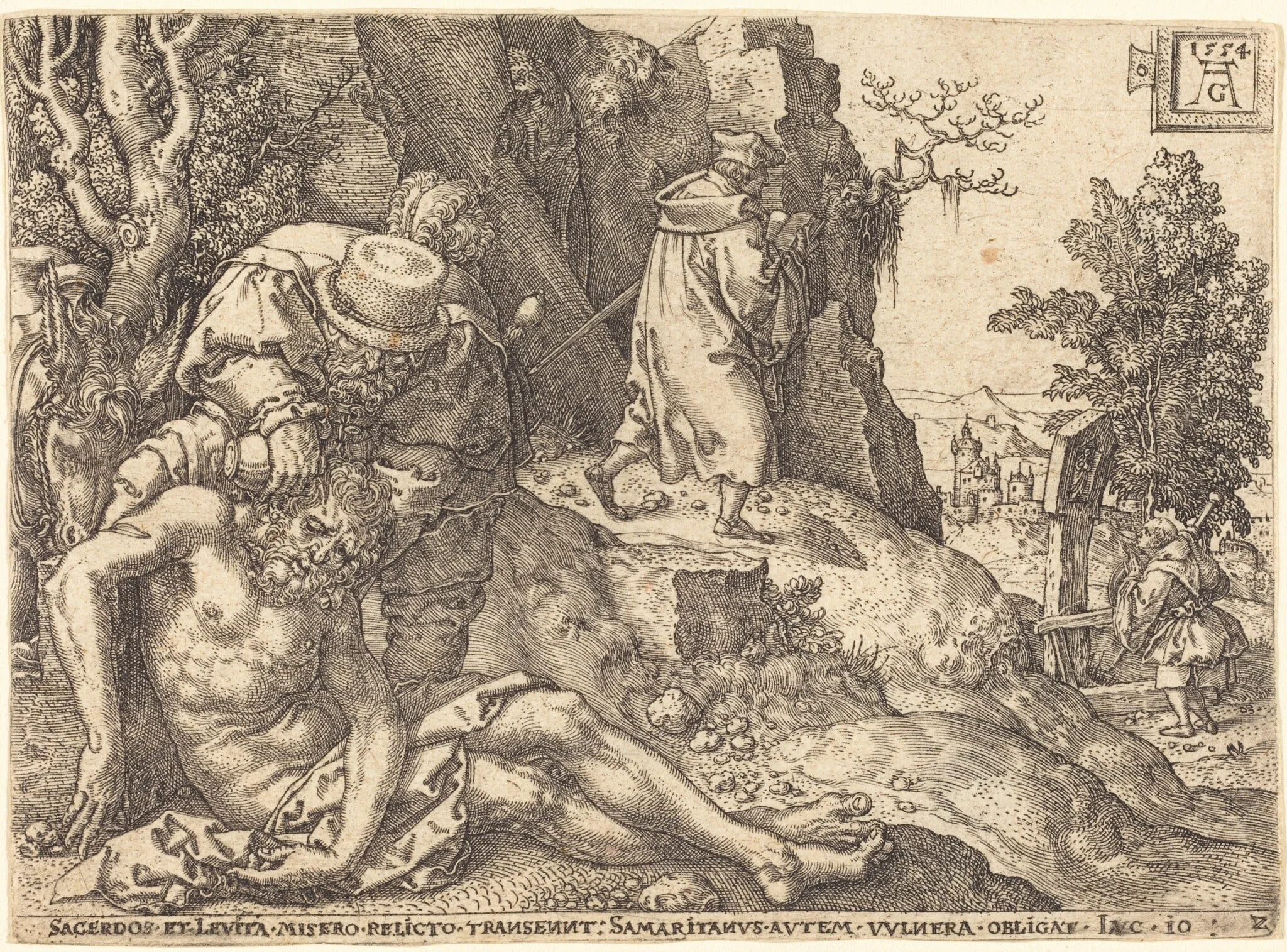 The Good Samaritan Ministering to the Traveler, by Heinrich Aldegrever, ink, 1554