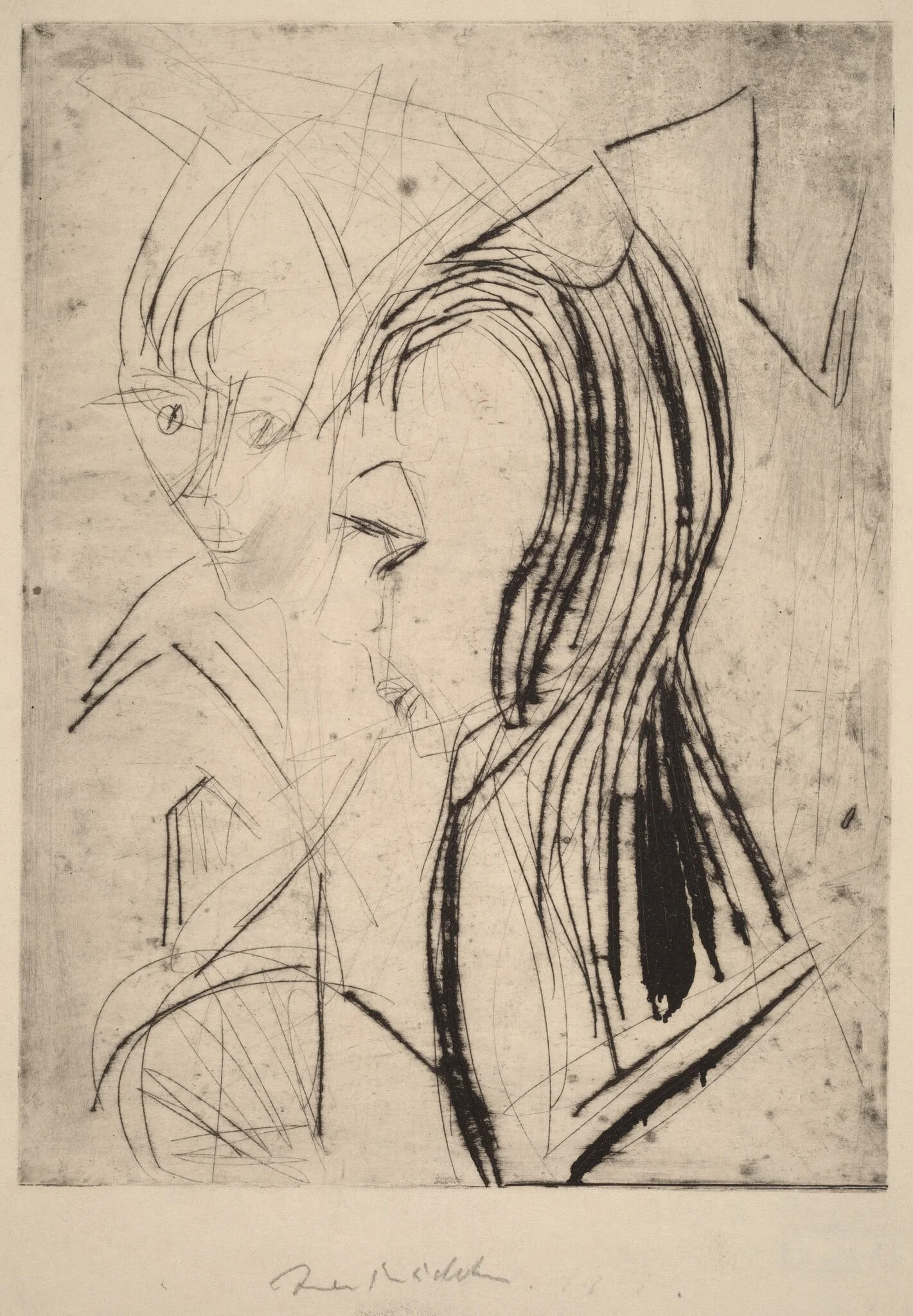 Heads of Two Girls, by Ernst Ludwig Kirchner, ink, 1919